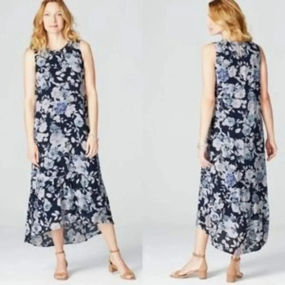 NWT J. Jill Size SP Navy Blue Floral Sleeveless Hi-Low Ruffle Hem Maxi Dress - Picture 1 of 10